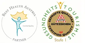 Grafik mit zwei Gütesiegeln für Qualität und Gesundheit im Tourismus. Grafik mit zwei Gütesiegeln für Qualität und Gesundheit im Tourismus.