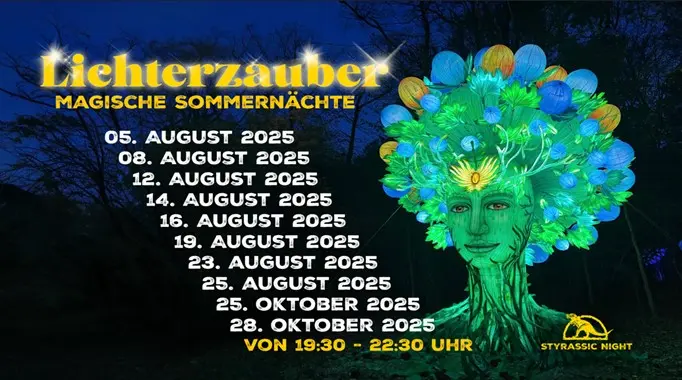 Grafik mit Terminen für den Lichterzauber in der Styrassic Night 2025. Grafik mit Terminen für den Lichterzauber in der Styrassic Night 2025.