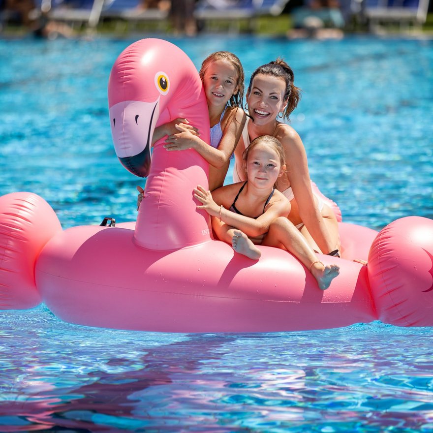 Outdoor-Sportbecken und eine Mama mit zwei Kindern auf einem rosa Flamingo.