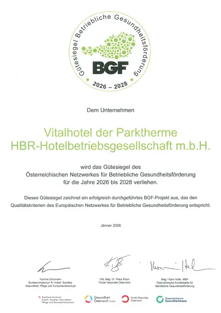 BGF Gütesiegel 2026 bis 2028 für das Vitalhotel. BGF Gütesiegel 2026 bis 2028 für das Vitalhotel.
