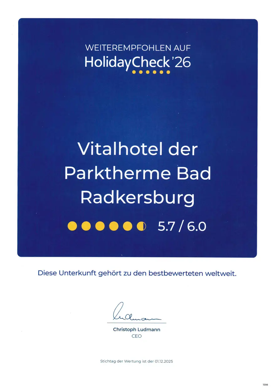 Grafik mit einer HolidayCheck Auszeichnung von 2026. Grafik mit einer HolidayCheck Auszeichnung von 2026.