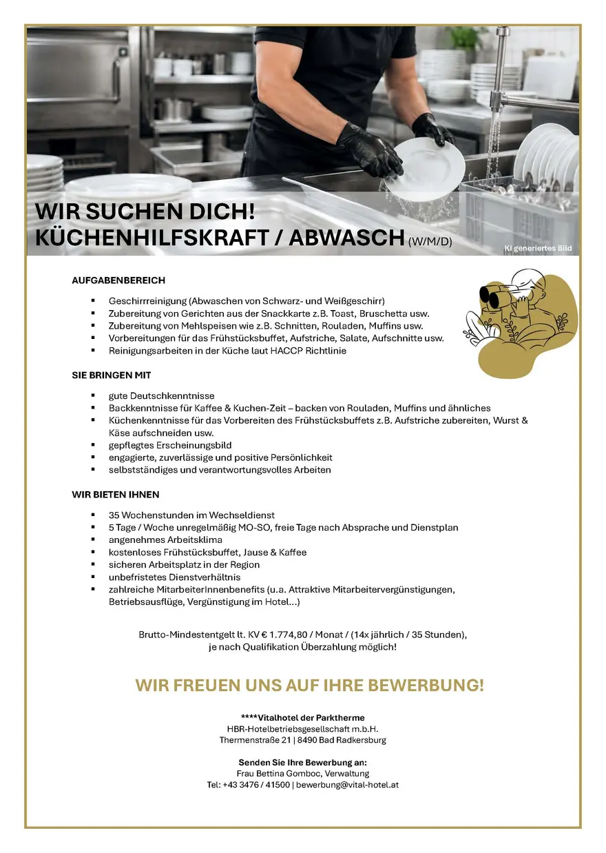 Stellenausschreibung Küchenhilfskraft im Vitalhotel der Parktherme. Stellenausschreibung Küchenhilfskraft im Vitalhotel der Parktherme.