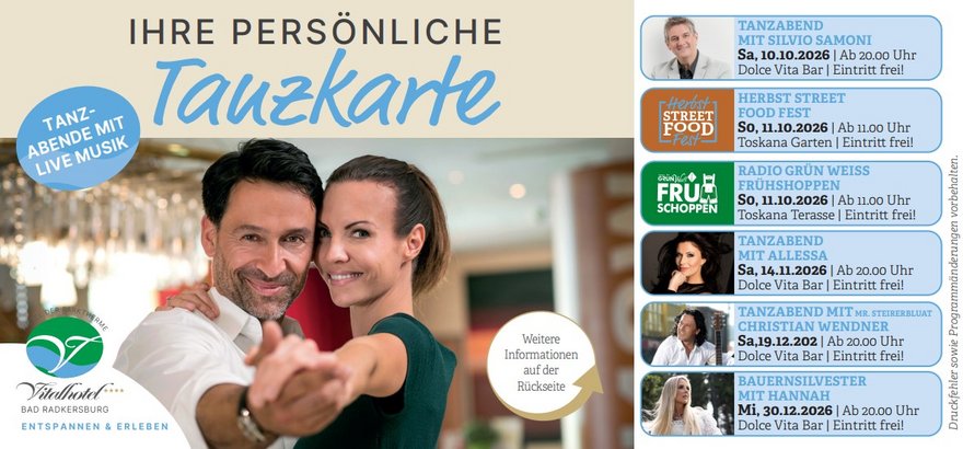 Tanzkarte zu den Tanzabenden im Vitalhotel